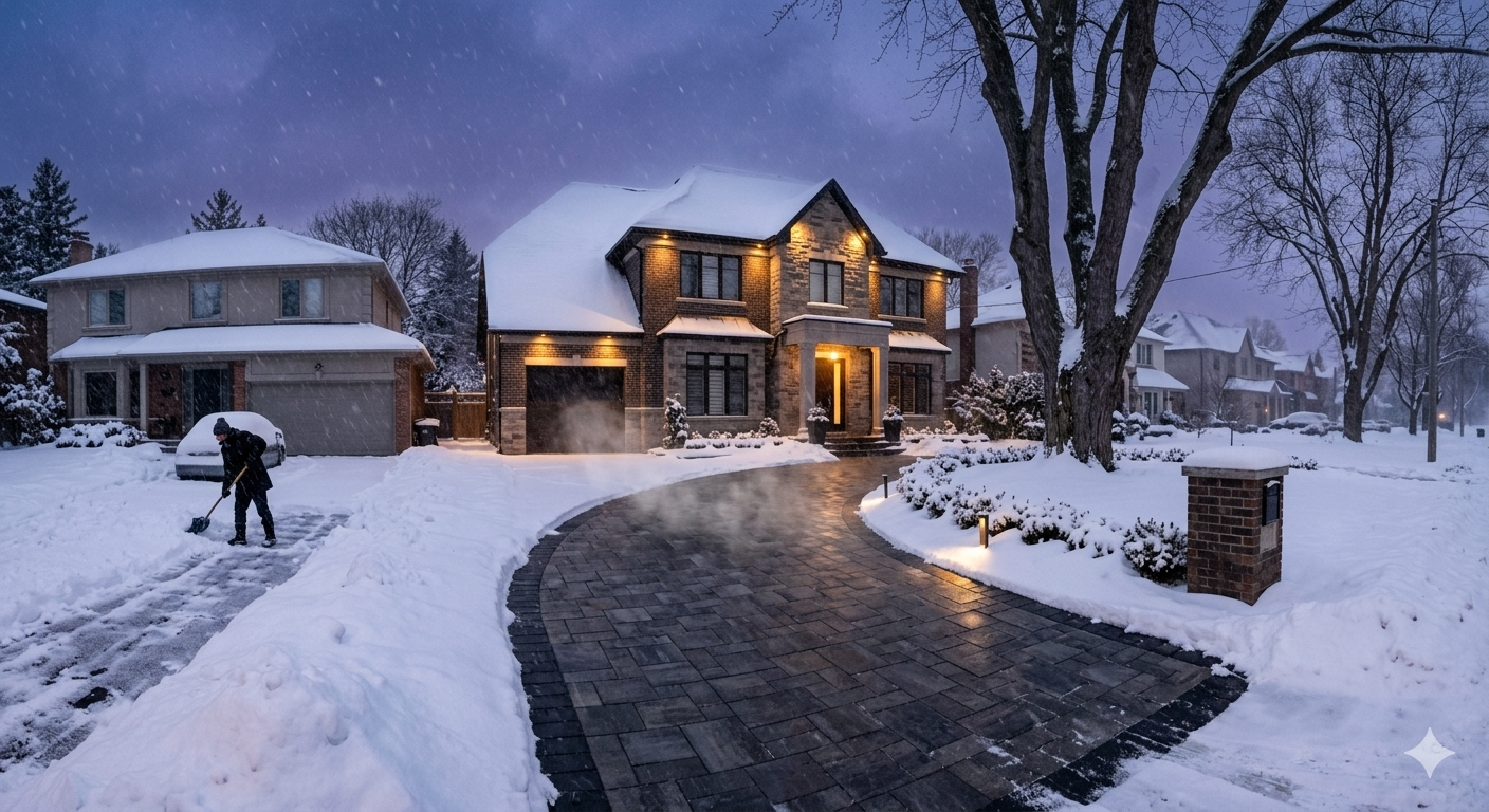 Heated driveway clear of snow in Toronto while neighbour shovels